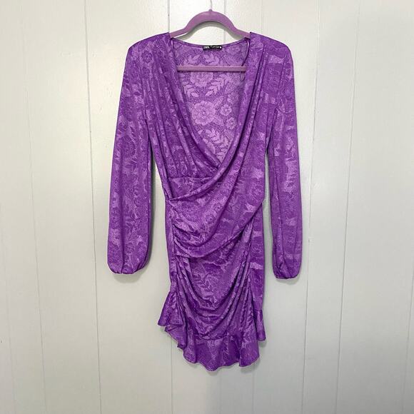 Zara Blogger Favorite Purple Floral Short Wrap Front Long Sleeve Dress S - Picture 3 of 11